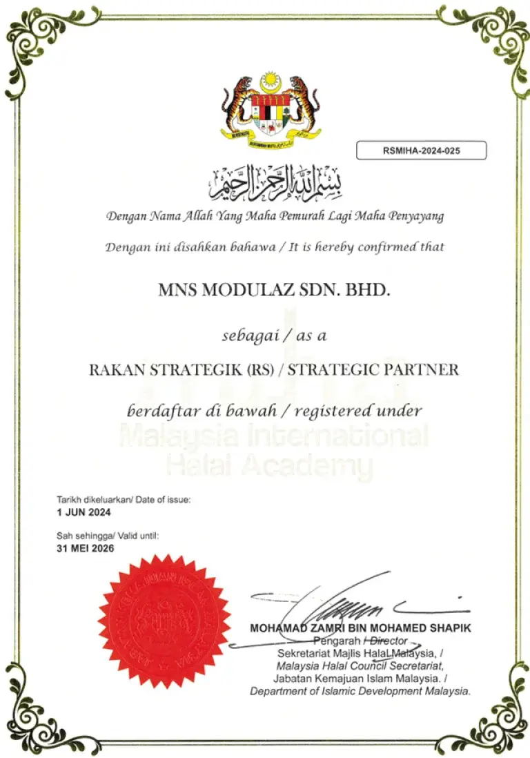 Sijil Rakan Strategik - Malaysia International Halal Academy (MIHA) untuk MNS Modulaz Sdn. Bhd.